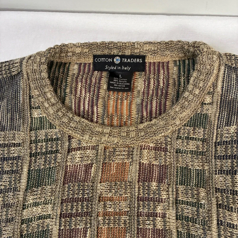 Cotton Traders Sweater Mens Large Brown Textured Geometric Knit Coogi Style - Picture 2 of 7